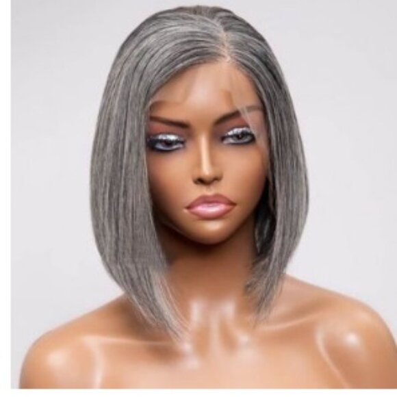 Salt And Pepper Grey Bob Wig Lace Front Wig 100% Human Hair - Picture 1 of 2